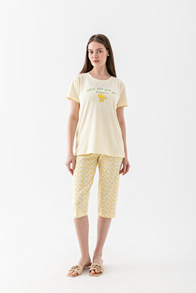Wega Moda Women's Yellow Lemon Patterned 100% Cotton Capri Pajama Set Short S...