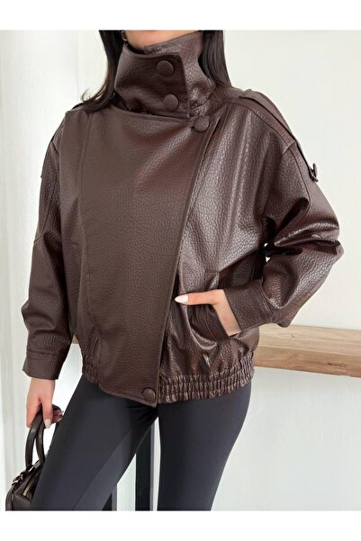 Lunea Womens Women's Brown Oversize Faux Leather Jacket