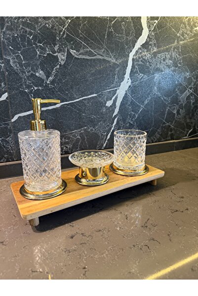 Kozak Kristal Serisi Cam Banyo Seti, 3 Parça Sıvı Sabunluk, Fırçalık, Katı Sa...