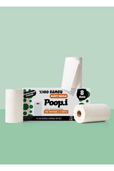 Poop.i %100 Bambu "Extra Uzun Rulo" 8 Kağıt Havlu NAKED Doğal Beyaz