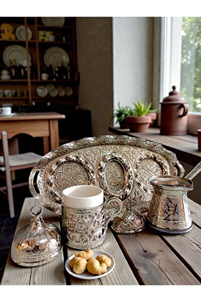 E orient Silver Color Turkish Coffee Set with Ottoman Motifs – Coffee Pot, Cu...