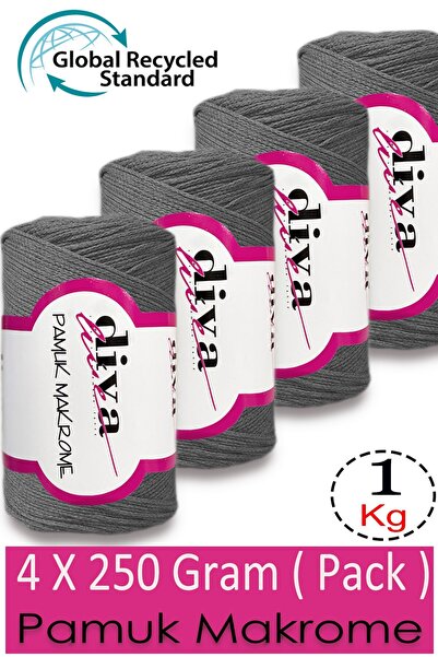 Diva İplik 1 Kg - 4 lü Paket - 3 mm - Koton Makrome Çanta İpliği 194 Orta Gri