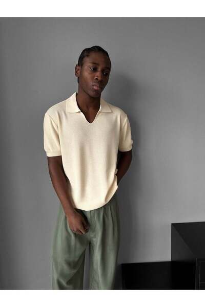 elkumoda Men's Italian Collar Half Oversize Knitwear T-Shirt Relaxed Fit Knit...