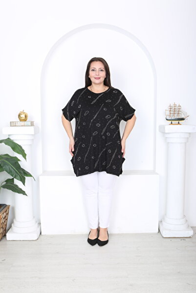 XL Modam Women's Black Lycra Viscose Stone-Embellished Plus Size Tunic