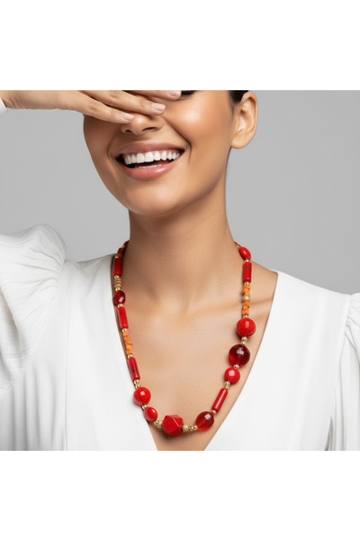 COCOSH TAKI Red and Orange Beaded Multi-Design Necklace with Gold Details