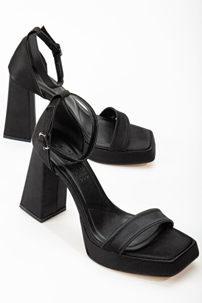 Saadet Kaya Butik Kadın Siyah Saten Platformlu Açık Burunlu Kalın Topuklu Aya...
