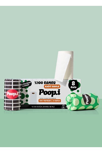 Poop.i %100 Bambu "Extra Uzun Rulo" 8 Kağıt Havlu POP Doğal Beyaz
