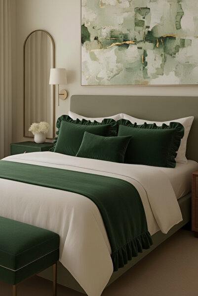 JACA 4'lü Kadife Kumaş Dekoratif Fırfır Yatak Runner & İç Dolgulu Fırfırlı Fe...