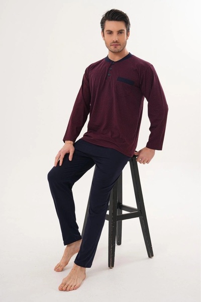 Carpe Diem Large Size Jacquard Long Sleeve Buttoned Collar Men's Pajama Set 1...