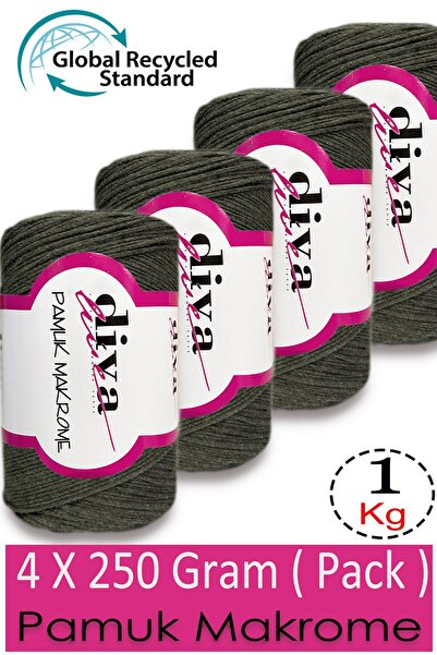 Diva İplik 1 кг - 4-пакет - 3 мм - Бавовняна макраме нитка для сумок 1979 Хакі