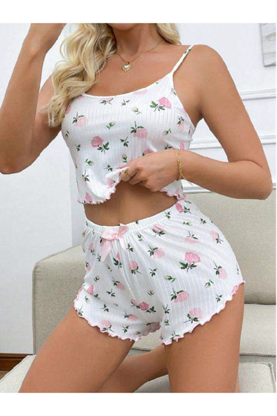 euro click White Floral Patterned Shorts Pajama Set Women's Strappy Crop Tank...