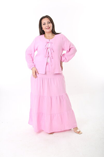 XL Modam Women's Linen Pink Plus Size Skirt and Jacket Set