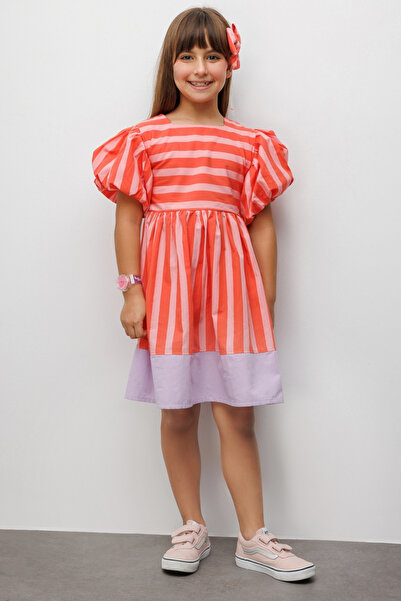 Le Mabelle Orange Striped Girls' Poplin Dress - Juno