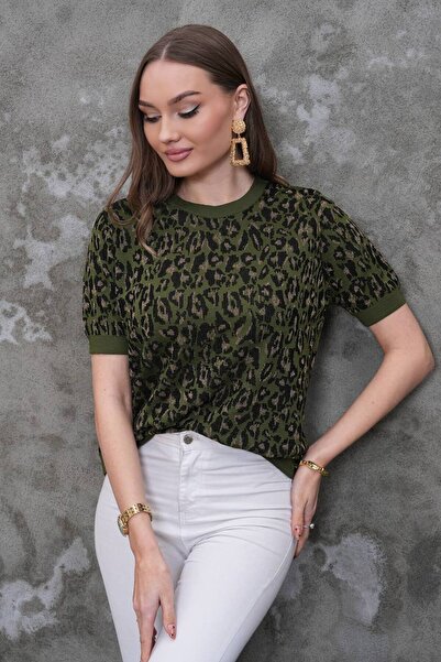 D LAVELLA Leopar desenli bisiklet yaka triko bluz