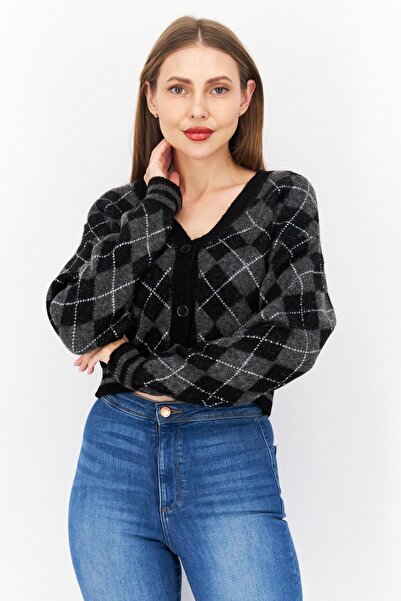 Don't Call Me Jennyfer Women V-Neck Diamond Pattern Sweater, Black