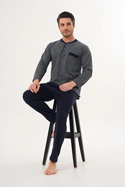 Carpe Diem Large Size Jacquard Long Sleeve Buttoned Collar Men's Pajama Set 1...