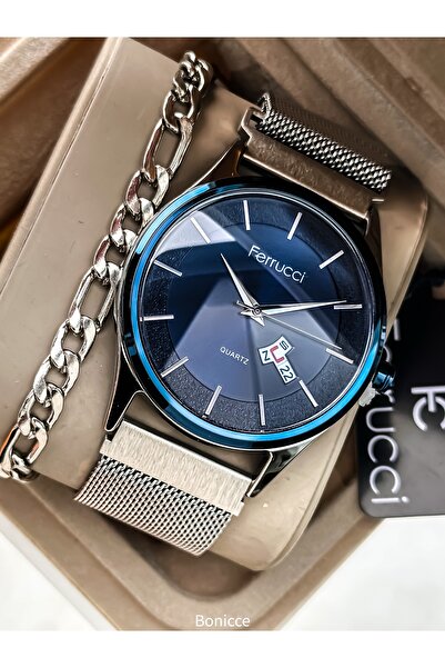 Ferrucci Magnetic Silver Steel Cord, Navy Blue Calendar Dial, in Stylish Box ...