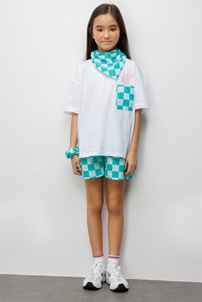 Le Mabelle Mint Rabbit Figured Checkered Patterned Children's T-Shirt and Sho...