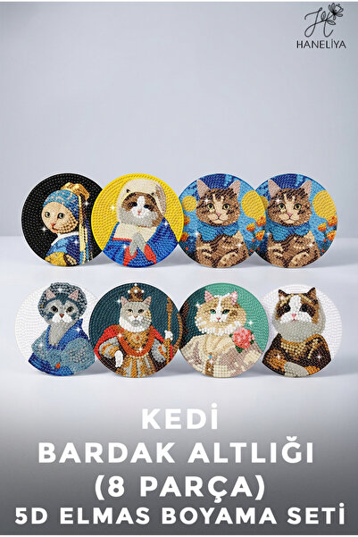 Haneliya Kedi Temalı - 8 Parça Diamond Elmas Boyama Bardak Altlığı Hobi Seti ...