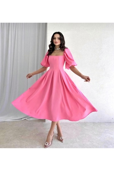 Dilek Vardar Pink Women's Square Neck Gipeli Back Detail Balloon Sleeve Flare...