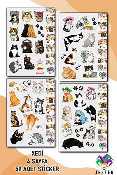 Şaşkın Kedi 4'lü Sticker, Çıkartma, Günlük, Ajanda, Planlayıcı, Bullet, Journal, Scrapbook