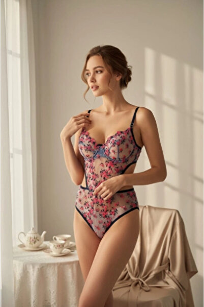 ARONA Kadın Transparan Çiçek Desenli Tül Siyah Bodysuit