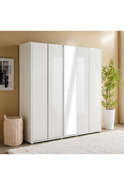 Home Box خزانة ملابس لامعة بخمسة أبواب مع مرآة، مصنوعة يدويًا