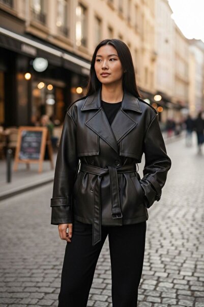 Lunea Womens Women's Black Double-Breasted Collar-Tie Premium Faux Leather Ja...