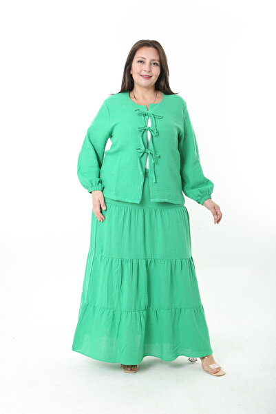 XL Modam Women's Linen Green Plus Size Skirt and Jacket Set
