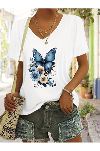 Deocept V-Neck Butterfly Printed Relaxed Fit T-Shirt