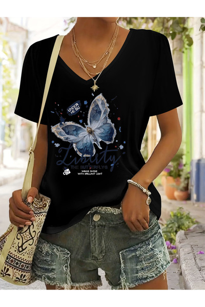 Deocept V-Neck Butterfly Printed Relaxed Fit T-Shirt