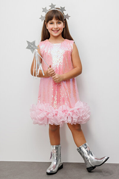 Le Mabelle Salmon Sequin Skirt with Ruffles at the Hem Girls' Dress - Kinsey