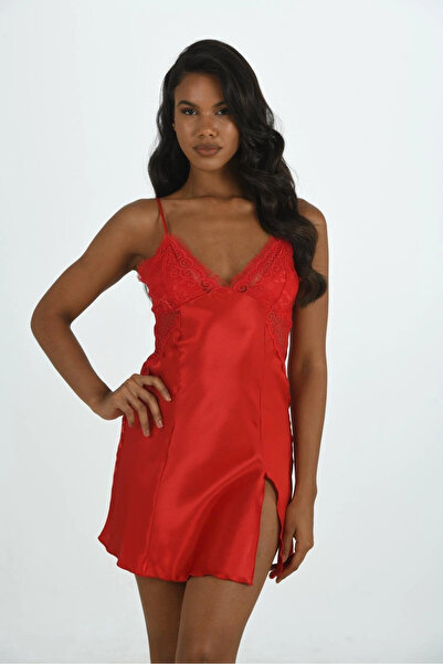 PRIMODA Women's Satin Fabric Lace Detailed Slit Mini Red Nightgown with Rope ...