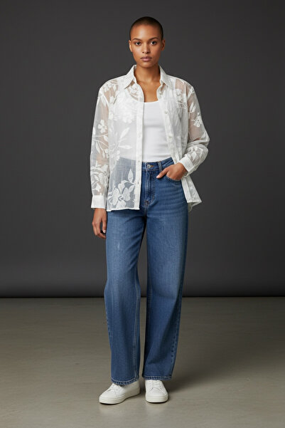 SEMİZ GİYİM Yaprak Desenli Tül Gömlek