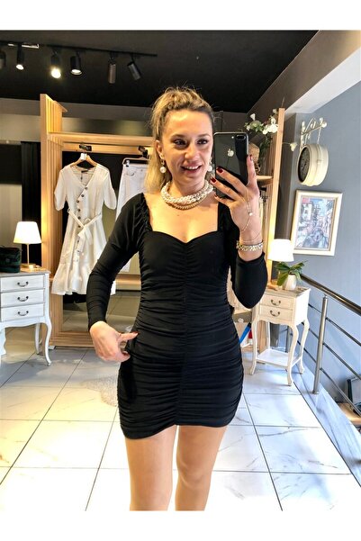 Gözde Tasarım Butik Women's Black Color V-Neck Mini Draped Evening Dress