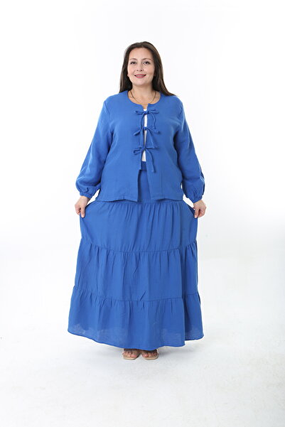 XL Modam Women's Linen Blue Plus Size Skirt and Jacket Set
