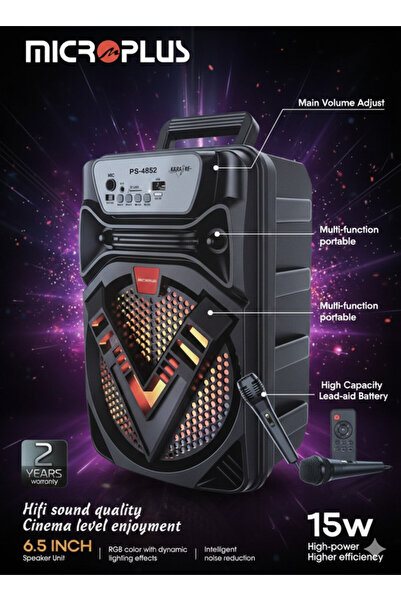 Micro Plus Portable Bluetooth Speaker 6.5-Inch, 15W Rechargeable Compact Audio