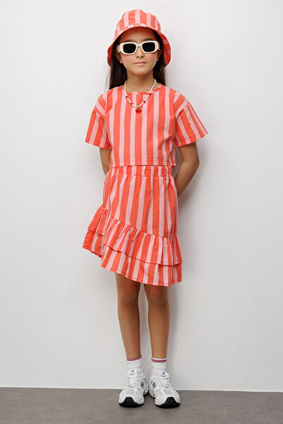 Le Mabelle Orange Striped Girls' Crop Skirt Double Set - Cora