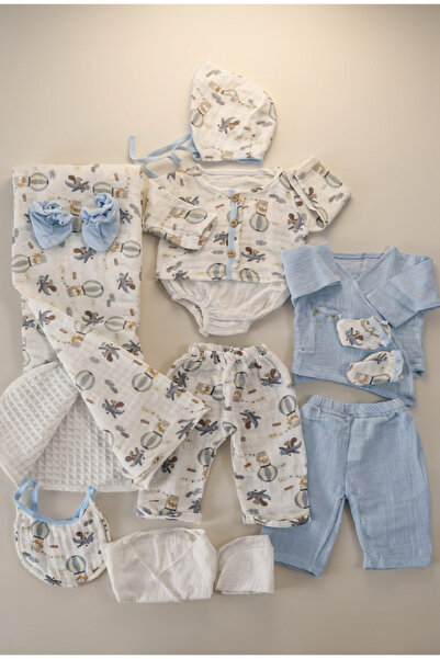 ALYAKİDS Baby Boy Blue Balloon and Airplane Patterned 10-Piece Muslin Hospita...