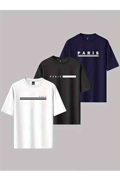 PAVRO Unisex Oversize Fit Multiple Tshrits Paris Striped Printed Tshirt