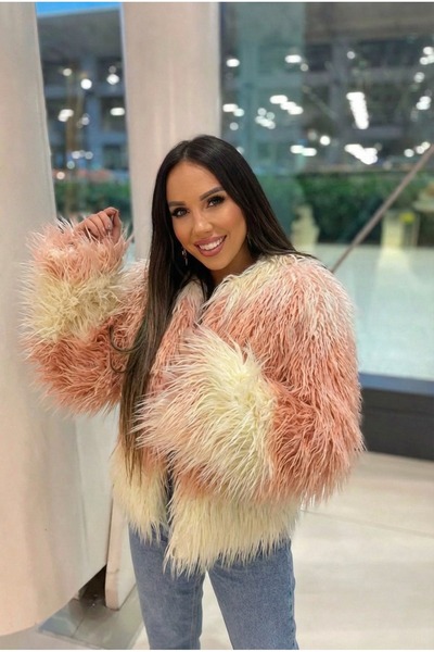 INFLUENCER Two-Color Gradient Soft Textured Lined Faux Fur Coat - Powder