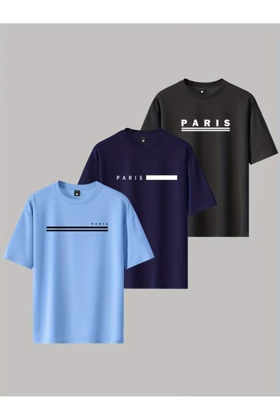 PAVRO Unisex Oversize Fit Multiple Tshrits Paris Striped Printed Tshirt