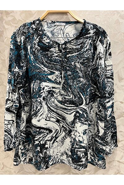 sevdalı Women's Blue Wave Pattern Mother's Combed Cotton Blouse