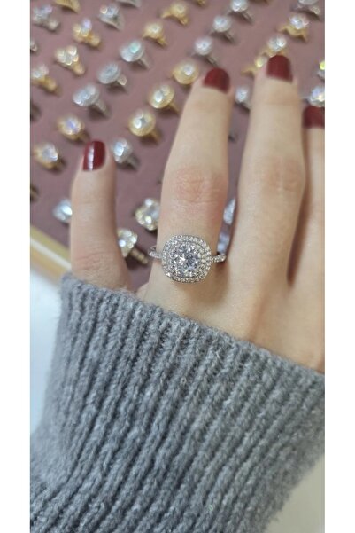 GUNESTAKI Premium Silver Işıltılı Kare Taşlı Baget Tektaş Yüzük Numarasız Aya...