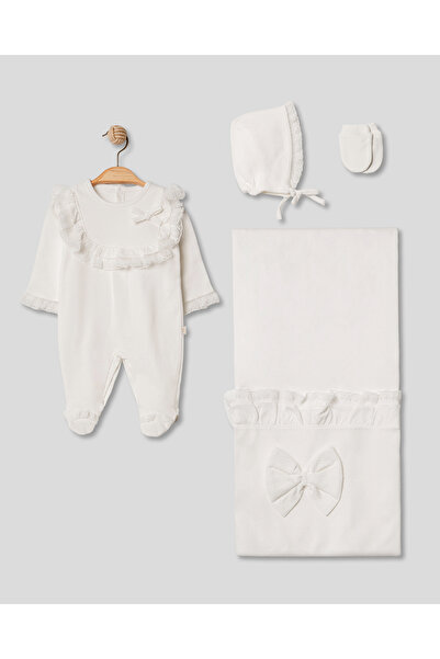 Pugi Baby Cream Jacquard Detailed 4-Piece Newborn Baby Girl Hospital Outfit 1...