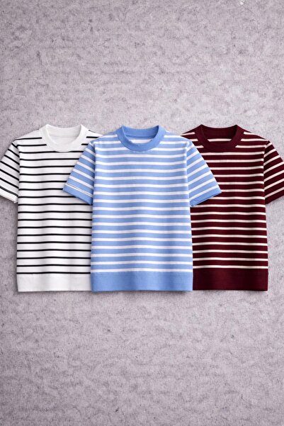 threeoff Premium ριγέ πλεκτό μπλουζάκι ανδρικό, στενή εφαρμογή, κοντομάνικο, ...