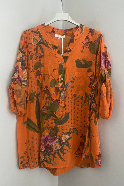 AYASOFYA OTANTIK Women's Italian Orange Tile Floral Patterned Button Detailed...