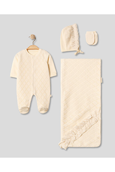 Pugi Baby Knitwear Detailed 4-Piece Newborn Baby Girl Hospital Outfit 100% Co...