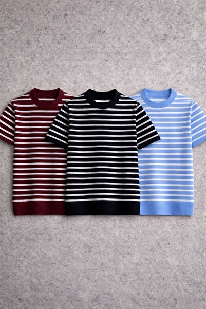 threeoff Premium ριγέ πλεκτό μπλουζάκι ανδρικό, στενή εφαρμογή, κοντομάνικο, ...