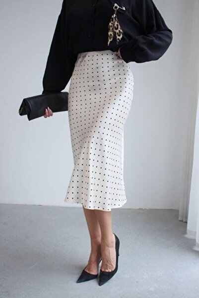 Lunea Womens Women's White Polka Dot Satin Midi Skirt